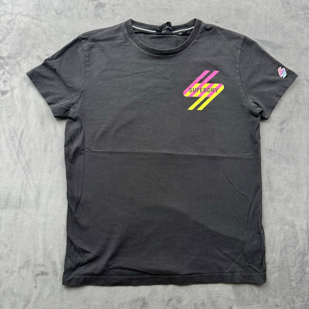 Superdry Mens T-Shirt Black Neon Graphic Print Crewneck Short Sleeve Size M